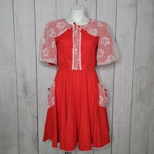 Vintage Jeri Bee Rockabilly Lace Overlay Red Square Dancing Dress Size 10